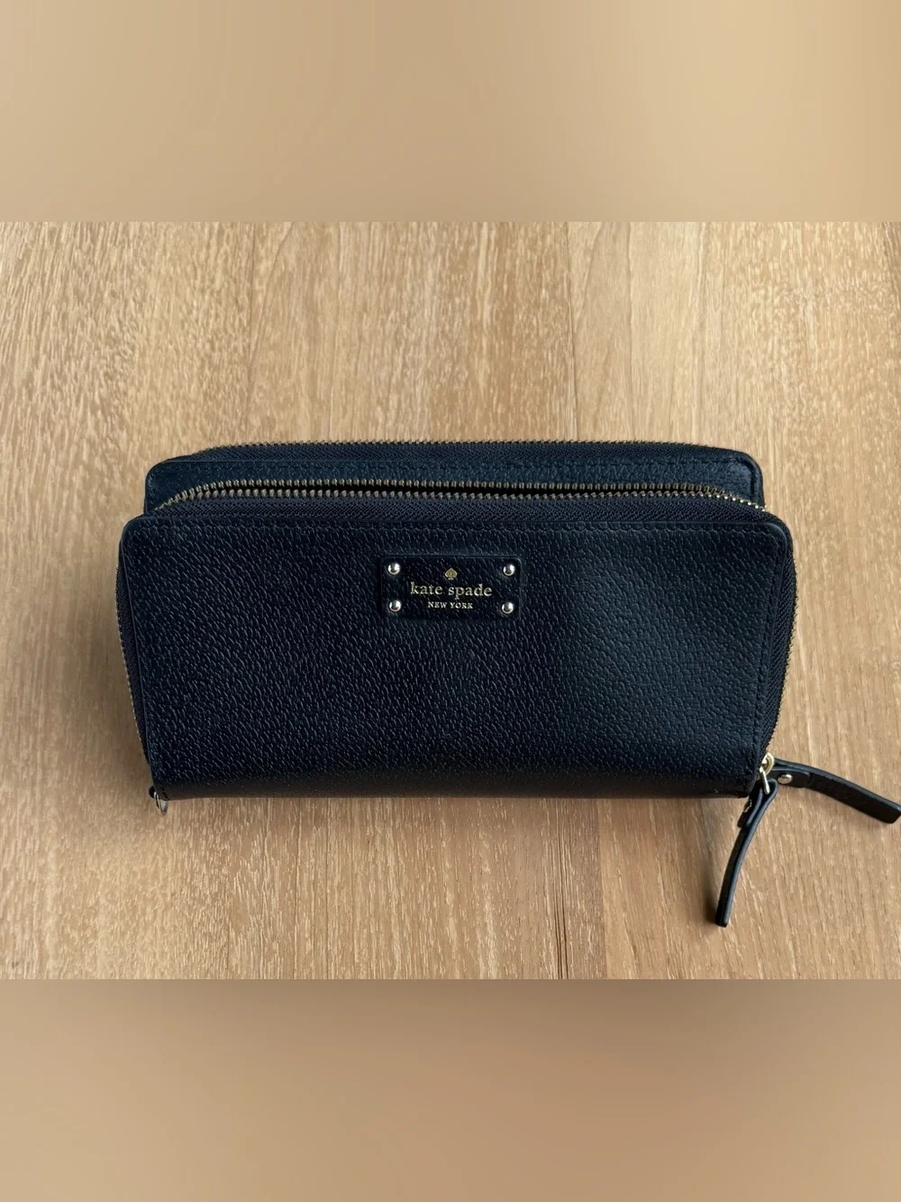 Kate Spade Black Pebbled Leather Zip-around Wallet with Gold Studs